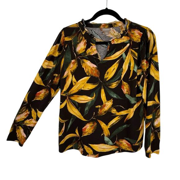 Chicos 1 Ruffle Split neck Top size Medium Dark Leaf Print Long Sleeve Pullover - Picture 1 of 8